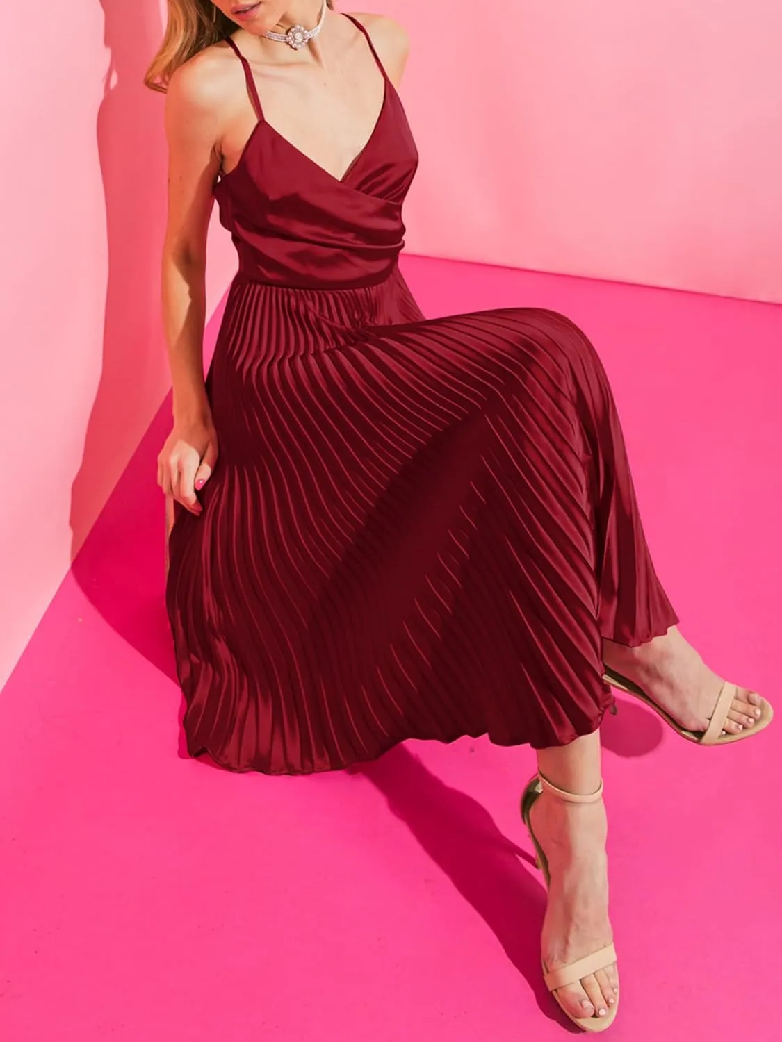 ZAFUL Womens Satin Sexy Backless Wrap V Neck Sleeveless Spaghetti Strap Pleated Flowy Party Midi Dress