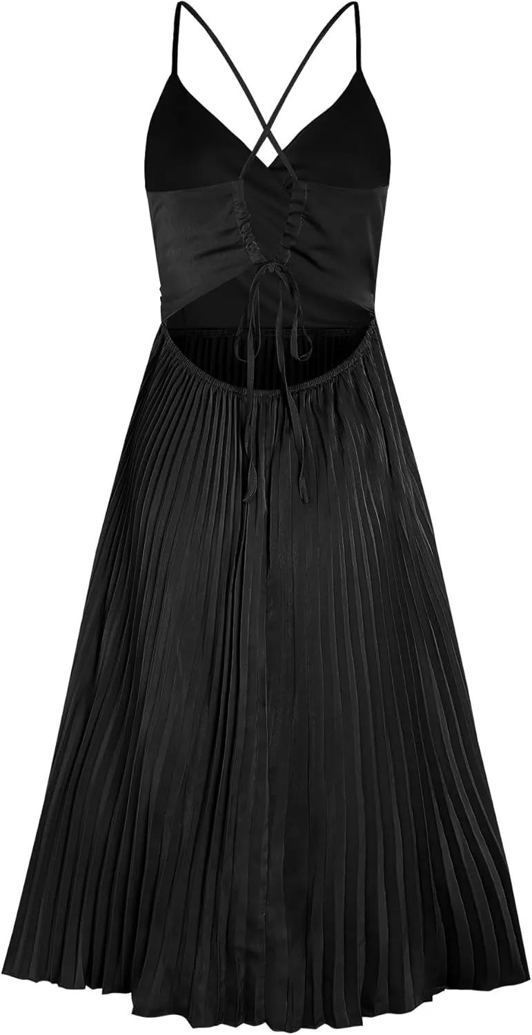 ZAFUL Womens Satin Sexy Backless Wrap V Neck Sleeveless Spaghetti Strap Pleated Flowy Party Midi Dress