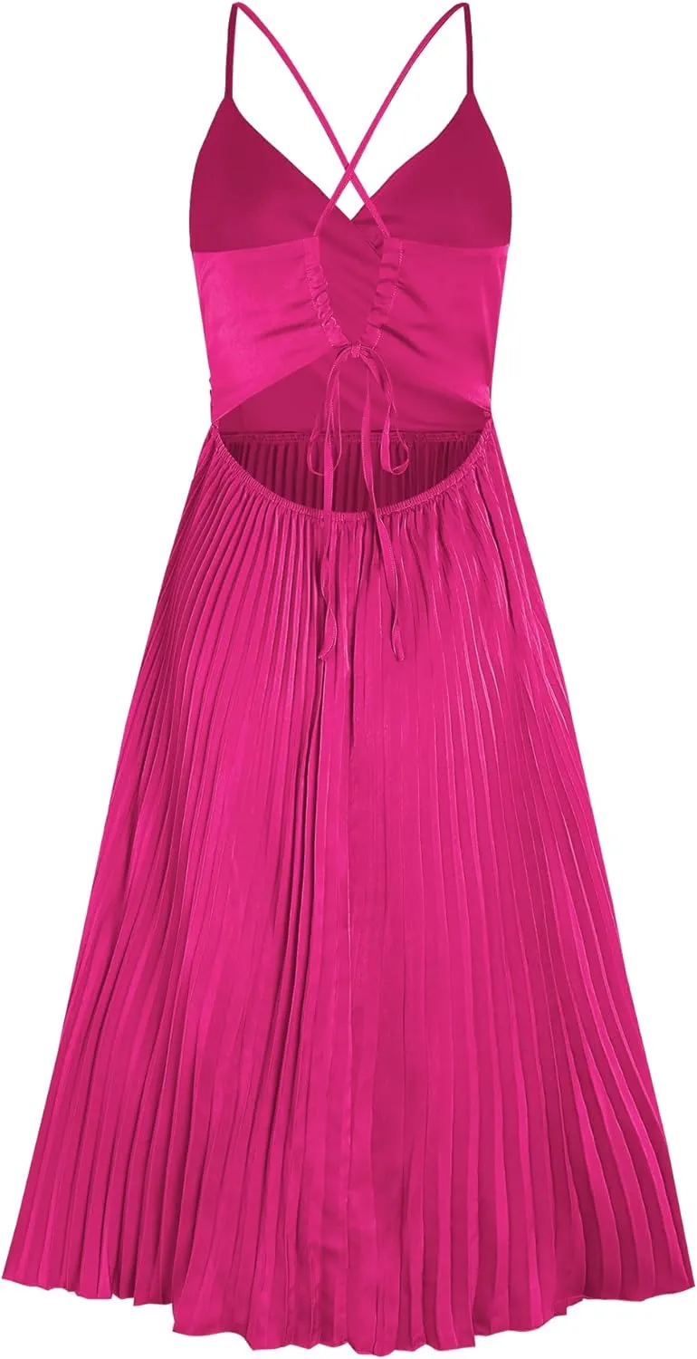 ZAFUL Womens Satin Sexy Backless Wrap V Neck Sleeveless Spaghetti Strap Pleated Flowy Party Midi Dress