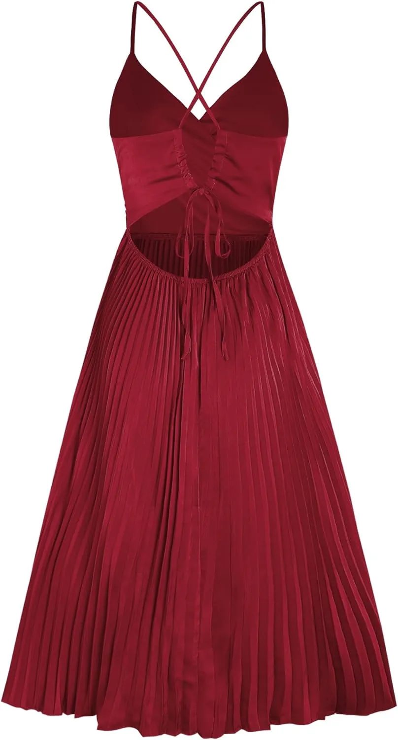 ZAFUL Womens Satin Sexy Backless Wrap V Neck Sleeveless Spaghetti Strap Pleated Flowy Party Midi Dress