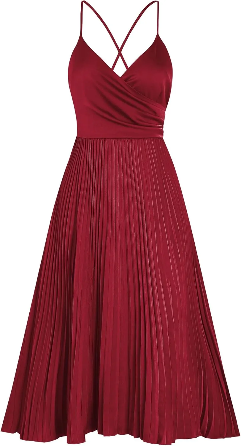 ZAFUL Womens Satin Sexy Backless Wrap V Neck Sleeveless Spaghetti Strap Pleated Flowy Party Midi Dress