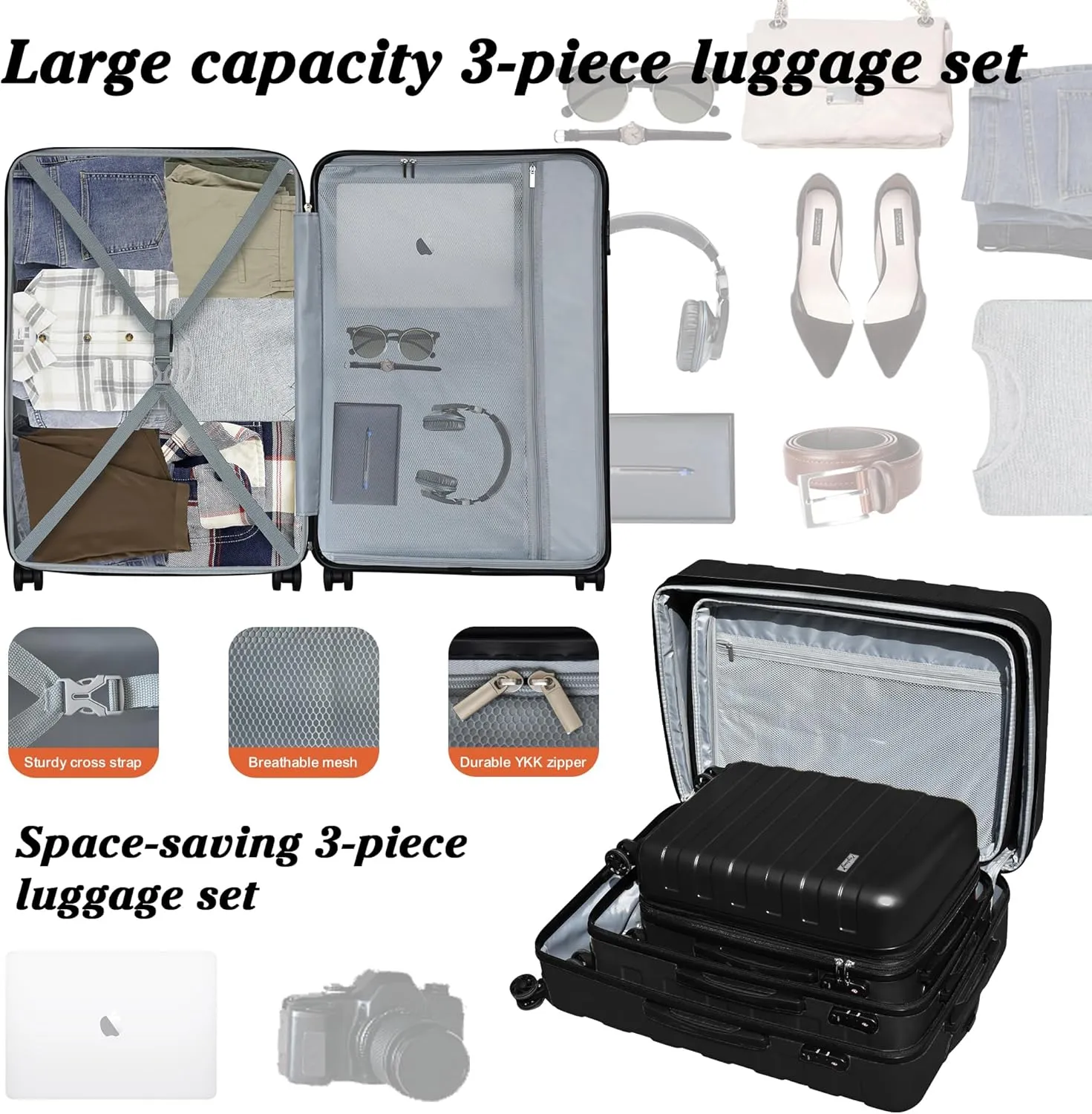 Zebra Hardside Expandable Spinner Wheels Luggage Suitcase W/TSA Lock, Black, 555-3pcs