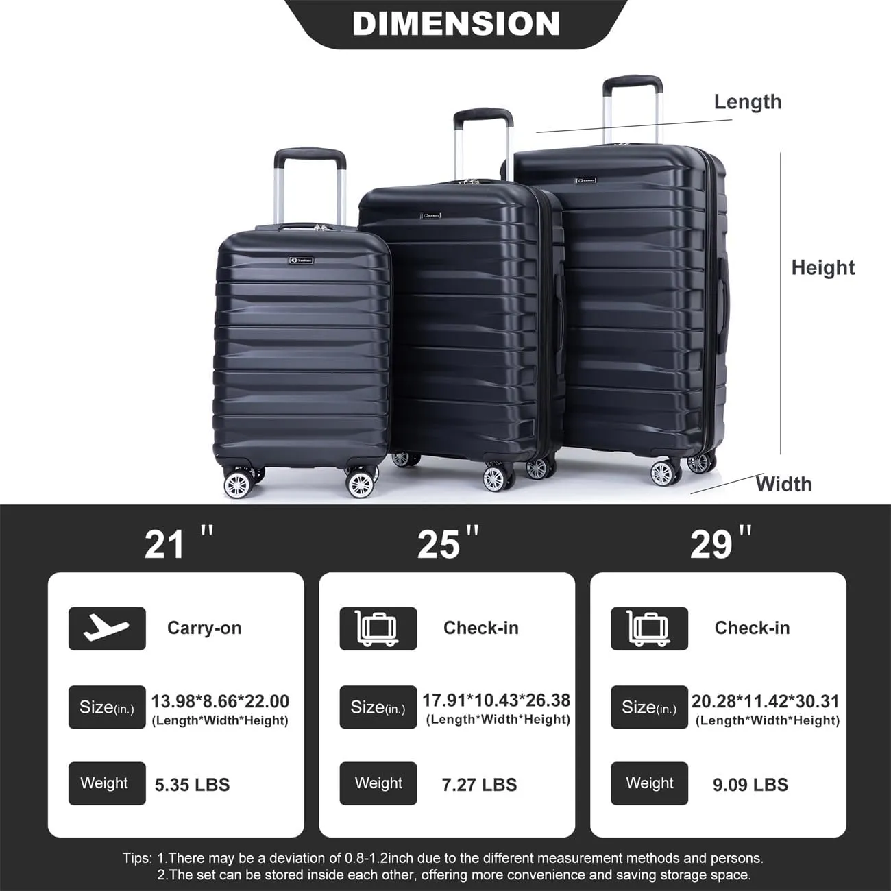 ZeHuoGe 3 Piece Luggage Sets, PC Lightweight & Durable Expandable Suitcase with Two Hooks, Double Spinner Wheels, TSA Lock, 21/25/29 (Black)