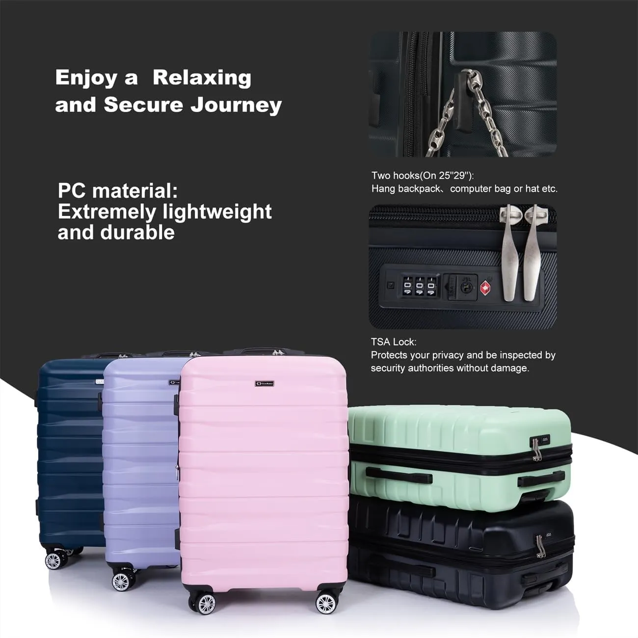 ZeHuoGe 3 Piece Luggage Sets, PC Lightweight & Durable Expandable Suitcase with Two Hooks, Double Spinner Wheels, TSA Lock, 21/25/29 (Black)