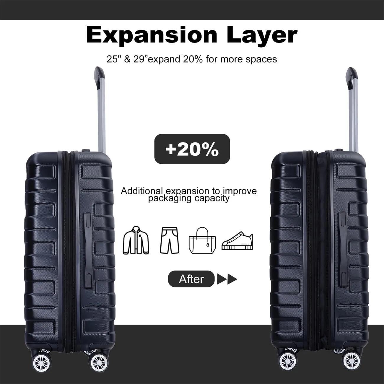ZeHuoGe 3 Piece Luggage Sets, PC Lightweight & Durable Expandable Suitcase with Two Hooks, Double Spinner Wheels, TSA Lock, 21/25/29 (Black)