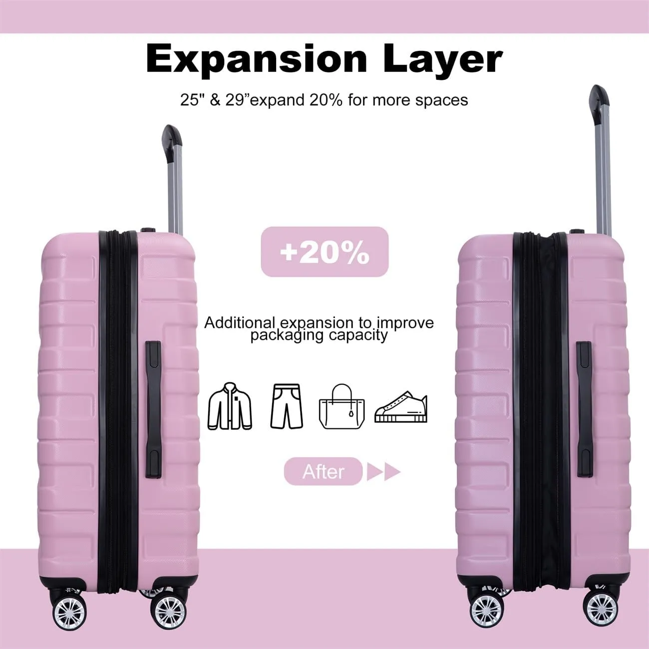ZeHuoGe 3 Piece Luggage Sets, PC Lightweight & Durable Expandable Suitcase with Two Hooks, Double Spinner Wheels, TSA Lock, 21/25/29 (Pink)