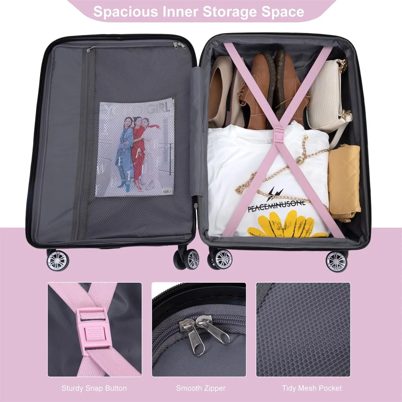 ZeHuoGe 3 Piece Luggage Sets, PC Lightweight & Durable Expandable Suitcase with Two Hooks, Double Spinner Wheels, TSA Lock, 21/25/29 (Pink)