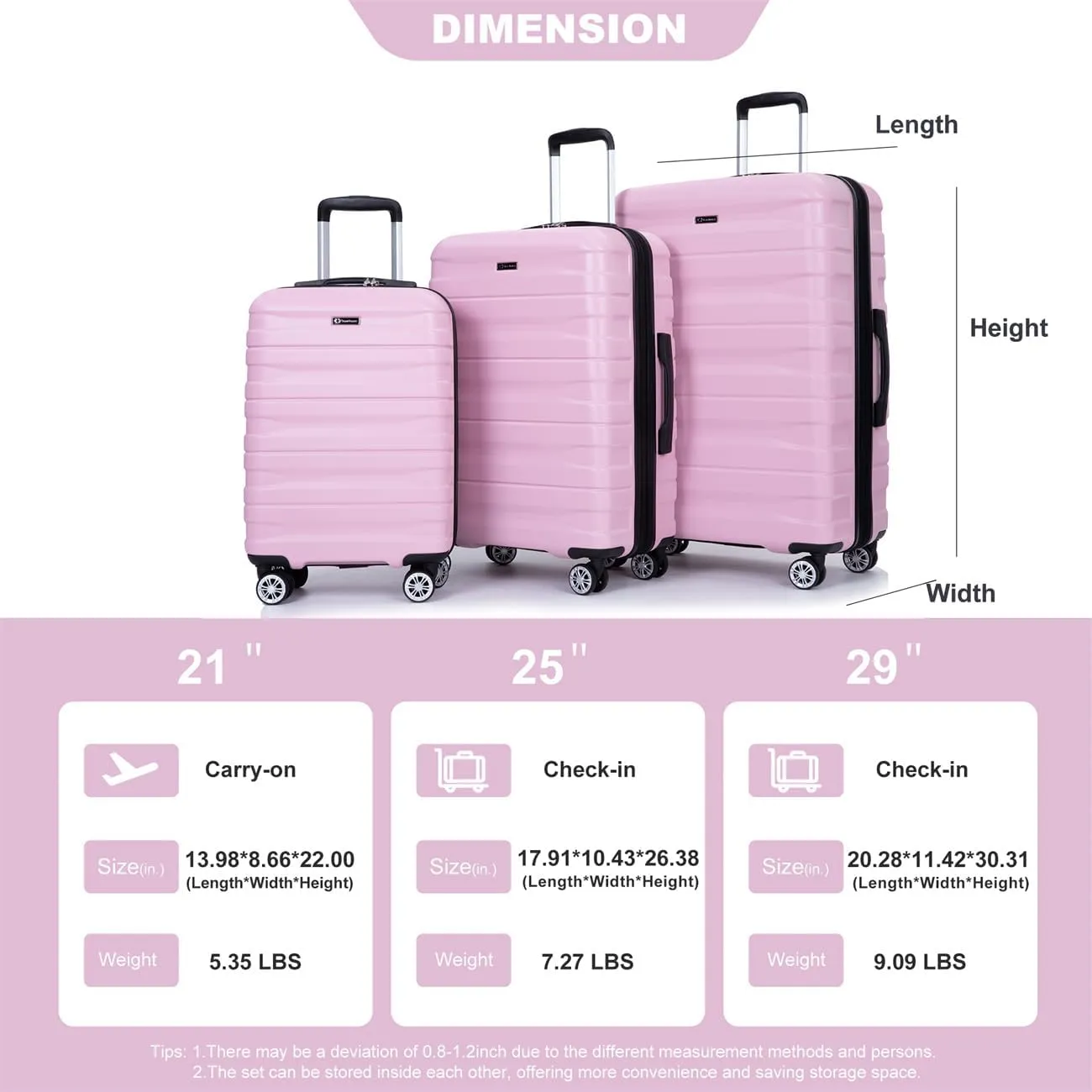 ZeHuoGe 3 Piece Luggage Sets, PC Lightweight & Durable Expandable Suitcase with Two Hooks, Double Spinner Wheels, TSA Lock, 21/25/29 (Pink)