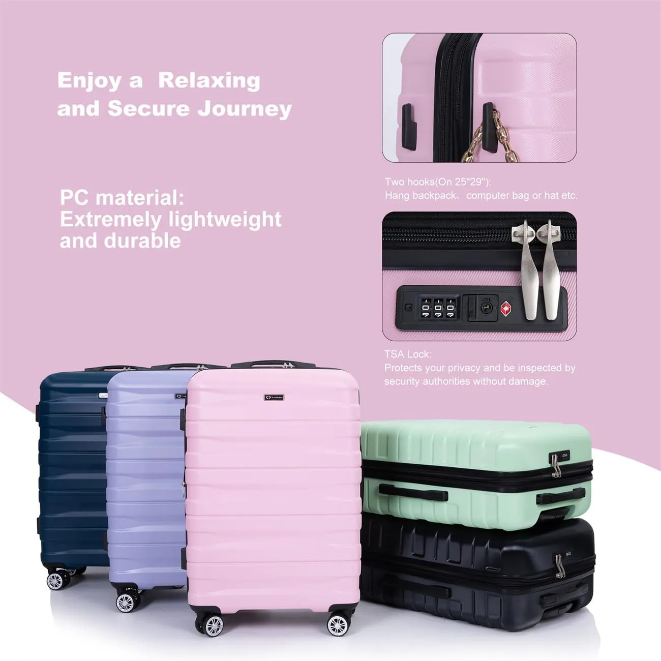 ZeHuoGe 3 Piece Luggage Sets, PC Lightweight & Durable Expandable Suitcase with Two Hooks, Double Spinner Wheels, TSA Lock, 21/25/29 (Pink)