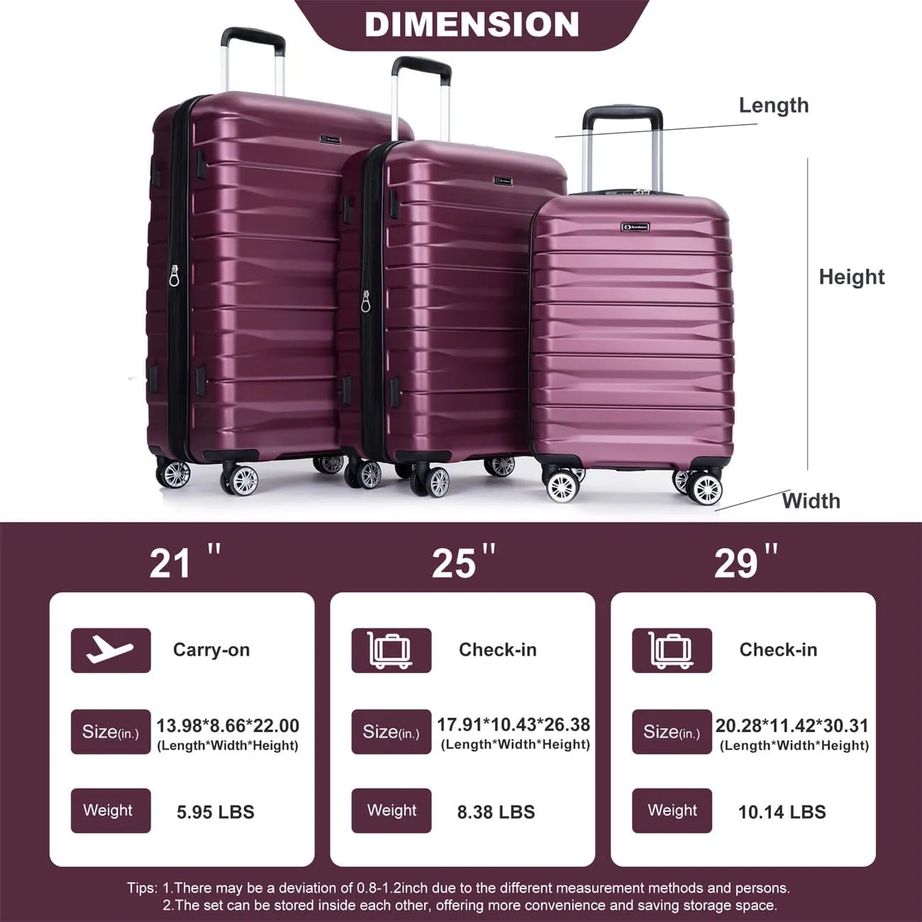 ZeHuoGe 3 Piece Luggage Sets, PC Lightweight & Durable Expandable Suitcase with Two Hooks, Double Spinner Wheels, TSA Lock, 21/25/29 (WINE RED)