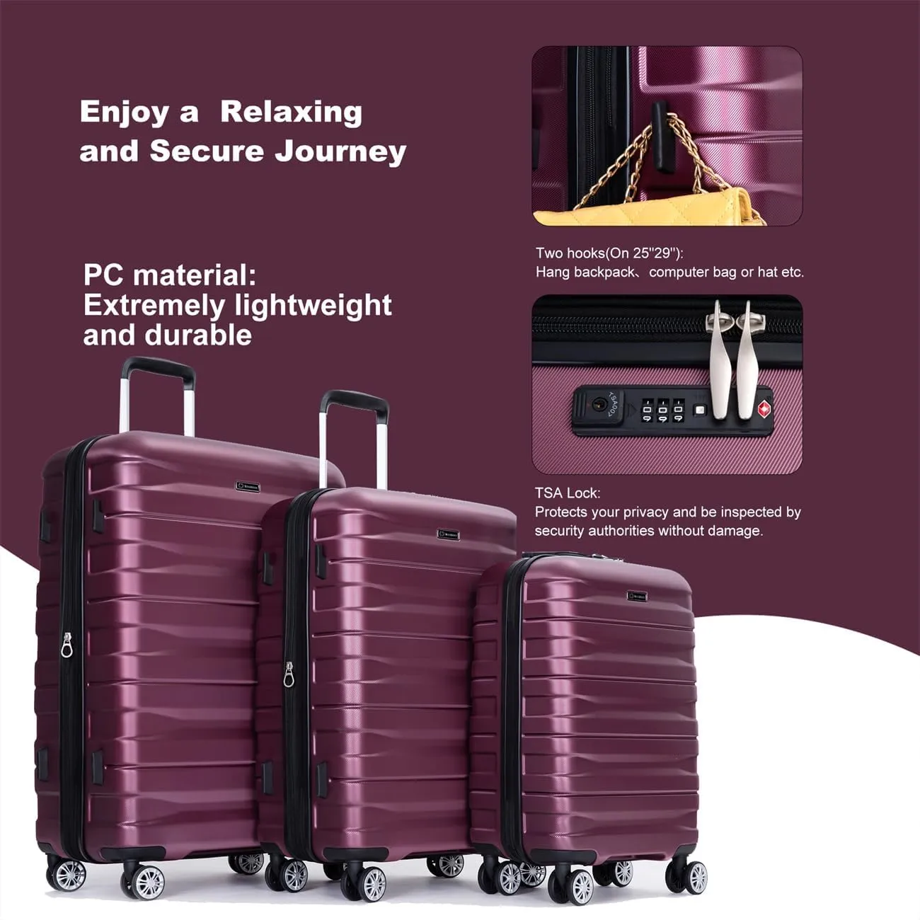 ZeHuoGe 3 Piece Luggage Sets, PC Lightweight & Durable Expandable Suitcase with Two Hooks, Double Spinner Wheels, TSA Lock, 21/25/29 (WINE RED)
