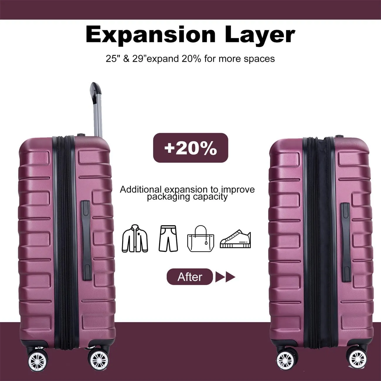 ZeHuoGe 3 Piece Luggage Sets, PC Lightweight & Durable Expandable Suitcase with Two Hooks, Double Spinner Wheels, TSA Lock, 21/25/29 (WINE RED)